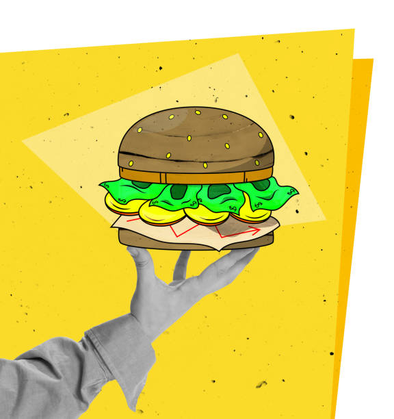istock Contemporary art collage. Creative design. Human hand holding burger filled with business graph and paper money 1434677571