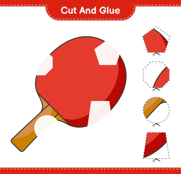 Vector illustration of Cut and glue, cut parts of Ping Pong Racket and glue them. Educational children game, printable worksheet, vector illustration