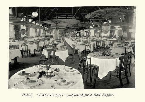 Vintage illustration after photograph of HMS Excellent cleared for a Ball supper, Victorian 19th Century. HMS Excellent is a Royal Navy 