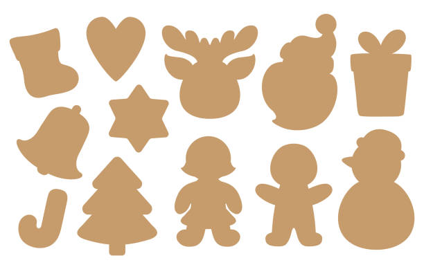 Die cut silhouette shapes for Christmas cookies or tags. Christmas templates for cutting machine, paper craft. Vector icons set. Xmas motifs isolated silhouettes cutter knife shape. snowman stencil stock illustrations
