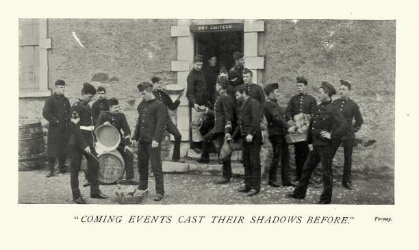 istock British army soldiers gathering outside the canteen on barracks, Victorian 19th Century, Military history 1434678932