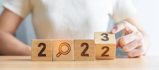 2022 change to 2023 block with magnifying glass icon. SEO, Search Engine Optimization, hiring , Advertising, Idea, Strategy, marketing, Keyword, Content and New Year start concepts