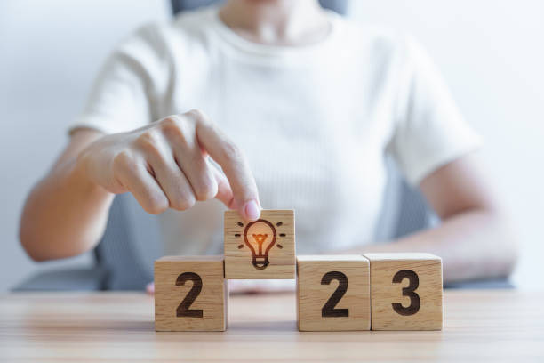 2023 block with lightbulb. Business Idea, Creative, Thinking, brainstorm, Goal, Resolution, strategy, plan, Action, change and New Year start concepts