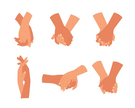 Couples holding hands together on different types of interlocking. Pairs in love or friends. Set of vector illustration