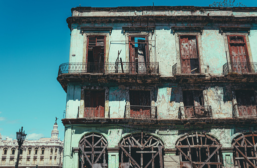 view of old rundown colonial buildings, town center. Old Havana, UNESCO World Heritage Site