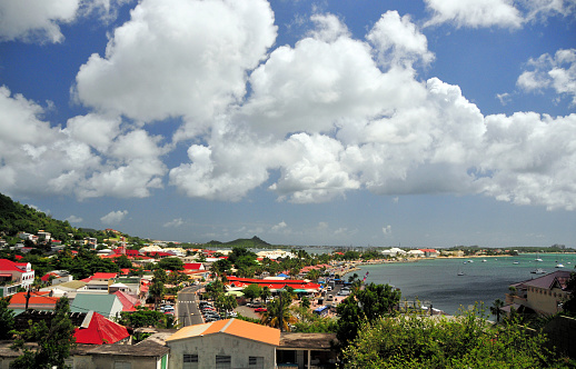 Marigot, Collectivity of Saint Martin / Collectivité de Saint-Martin, French Caribbean: panoramic of Marigot from Fort St. Louis. Marigot owes its name to the many swamps, called \