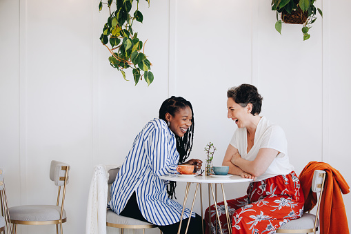 Happy friends laughing together in coffee shop. Two female friends having a good conversation at a modern coffee shop