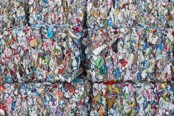 Recycled and packaged waste. Sustainable industry. Reusable material
