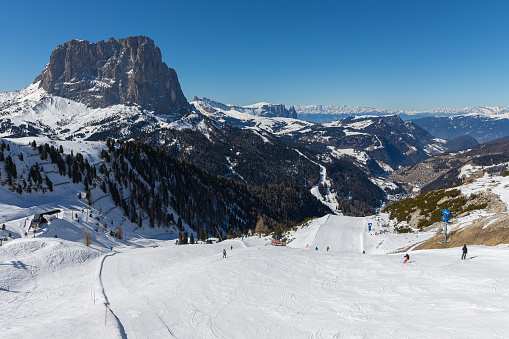 Langkofel, Sassolungo lies in Ski resort Gröden, Val Gardena,  Südtirol, South Tyrol, Alta Adige, Italy
