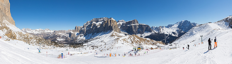Passo Sella, Sellapass lies between ski resorts Gröden, Val Gardena, Südtirol, South Tyrol, and Fassatal, Val di Fassa, Trentino, Italy