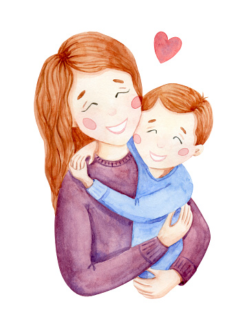 Mom and son watercolor illustration isolated on white background. Woman with boy. Mother and kid poster, card. Mother's day design. Family hugs print.