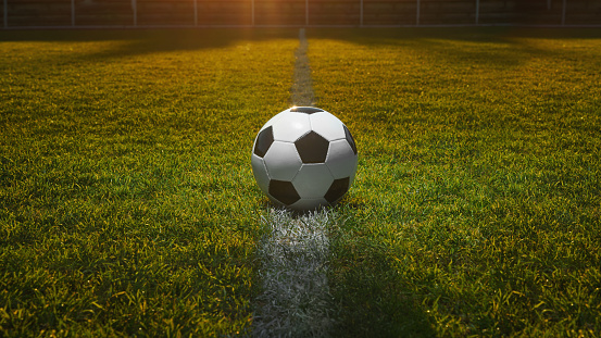 Traditional soccer ball on grass field in the sunlight.