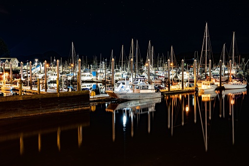 Ketchikan, United States – September 17, 2022: A harbor at night in Ketchikan, Alaska.