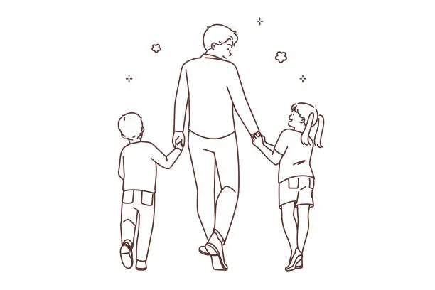 Vector illustration of Loving father walking with small children