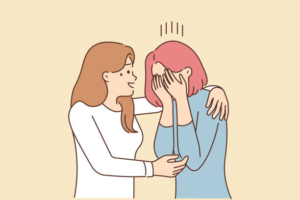 돌보는 여자 편안함 불행한 친구 - consoling women friendship crying stock illustrations
