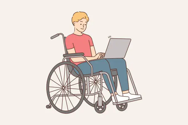 Vector illustration of Smiling man in wheelchair work on computer