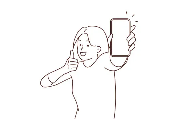 Vector illustration of Smiling woman show mockup cellphone screen