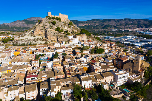 Scenic aerial view of Spanish city of Castalla with old castle Castillo de Castalla