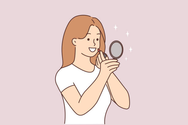 Smiling woman apply lipstick Smiling young woman look in mirror apply lipstick. Happy girl do makeup get ready with beauty products. Cosmetics concept. Vector illustration. teenage girl before and after make up stock illustrations