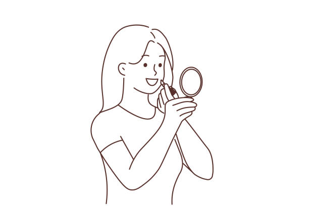 Smiling woman apply lipstick Smiling young woman look in mirror apply lipstick. Happy girl do makeup get ready with beauty products. Cosmetics concept. Vector illustration. teenage girl before and after make up stock illustrations