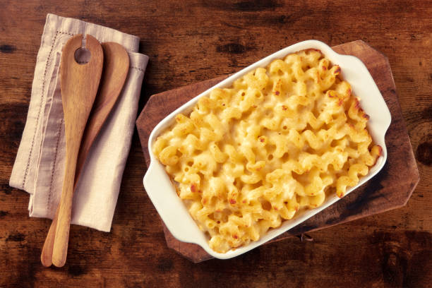 Macaroni and cheese pasta in a casserole, shot from the top stock photo