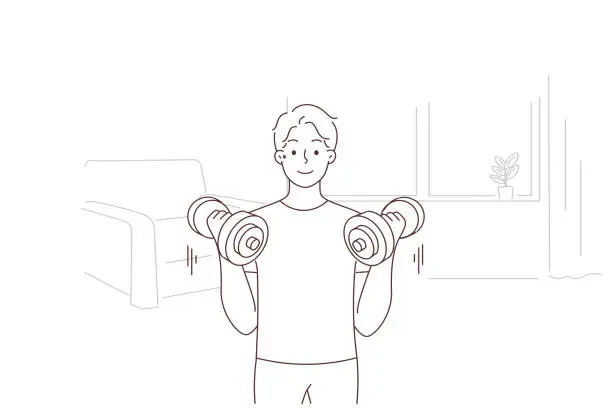 Vector illustration of Young man with barbells train at home