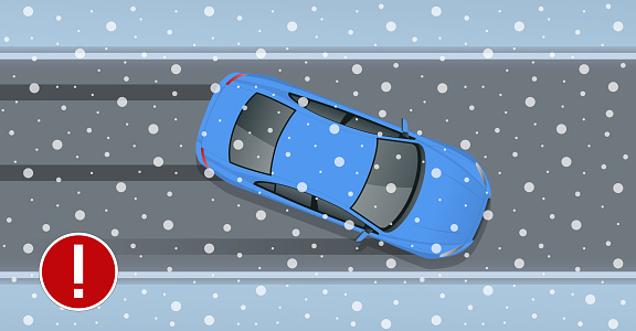 Isometric winter slippery road, car accident. Urban transport. Car turning on a slippery road. Slippery road warning road sign