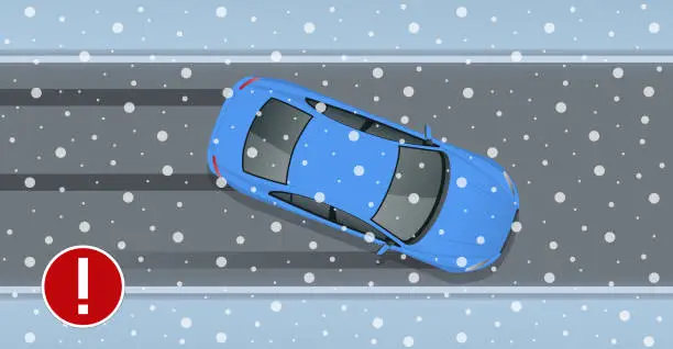 Vector illustration of Isometric winter slippery road, car accident. Urban transport. Car turning on a slippery road. Slippery road warning road sign.