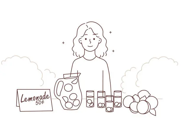 Vector illustration of Small girl sell lemonade outdoors