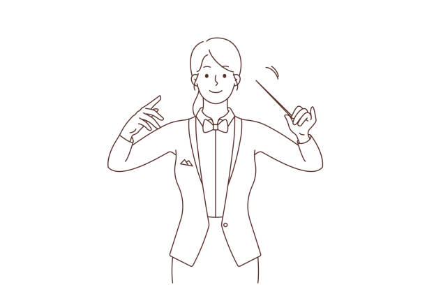 Female conductor with baton in hands Female conductor with baton in hands working with orchestra. Woman conducting orchestral or choral concert. Occupation concept. Vector illustration. conductor baton stock illustrations
