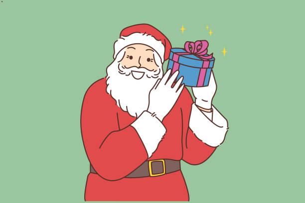 ilustrações de stock, clip art, desenhos animados e ícones de smiling santa with present in hands - christmas present senior men surprise gift box
