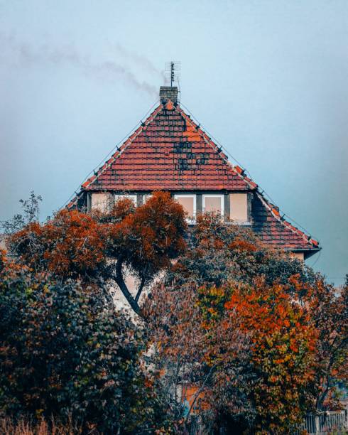 An aerial view of old building surrounded by autumn dense trees