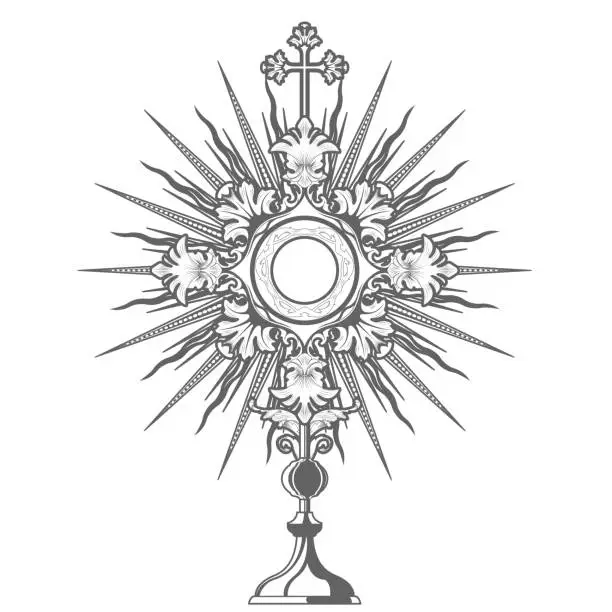 Vector illustration of Catholic church ceremony monstrance, ostensory adoration to the blessed sacrament, eucharist, vector