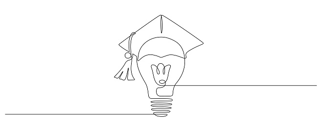 Light Bulb with Graduation Hat in one continuous line drawing. Lightbulb lamp symbol of smart and innovation education and study in simple linear style. Success knowledge concept. Vector illustration.