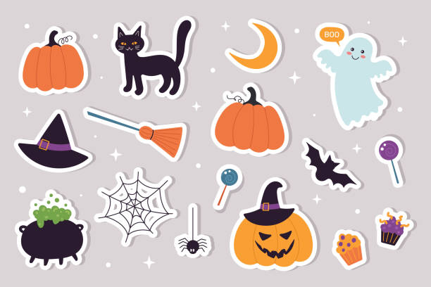 istock A set of stickers for Halloween. Ghost, hat, broom, black cat, pumpkins, potion pot, candy. Suitable for greeting card, posters, tags, sticker set. Flat cartoon vector illustration. 1434695140