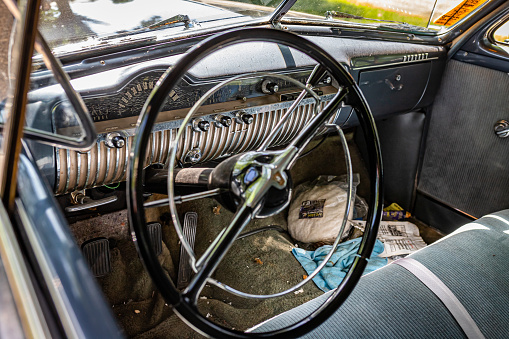 Falcon Heights, MN - June 19, 2022: Close up detail interior view of a 1950 Mercury Eight Sports Sedan at a local car show.