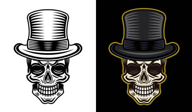 Vector illustration of Gentleman skull in cylinder hat vector illustration in two styles monochrome on white and colorful on dark background