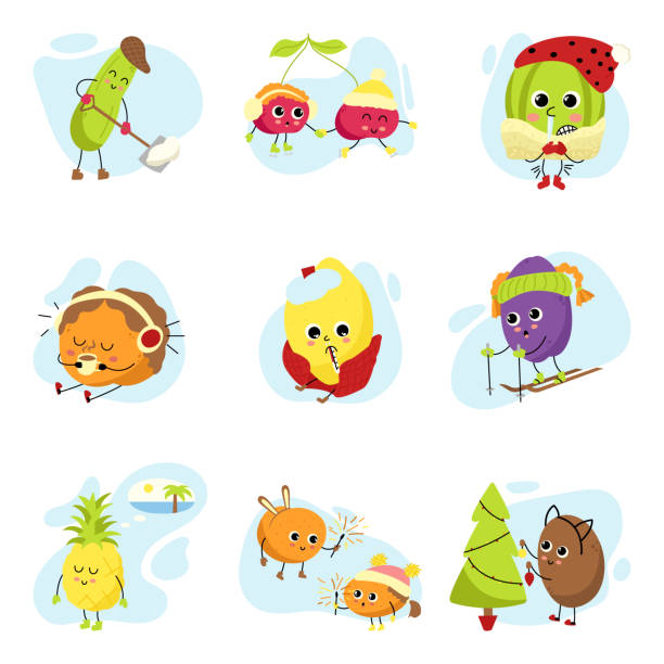 ilustrações de stock, clip art, desenhos animados e ícones de cartoon fruits and vegetables set. cute kawaii characters on christmas vacation. various winter activities. a collection of mascots for the design of greeting cards, banners, posters - skiing ski sport snow