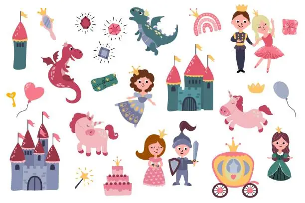 Vector illustration of Set of illustrations with princesses, prince, knight, castles, unicorns, rainbows, dragons, carriage. Hand-drawn illustration. Vector.