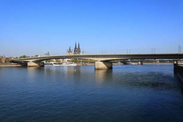 Deutz Bridge (Deutzer Brucke) in Cologne, Germany. Bridge over river Rhine.