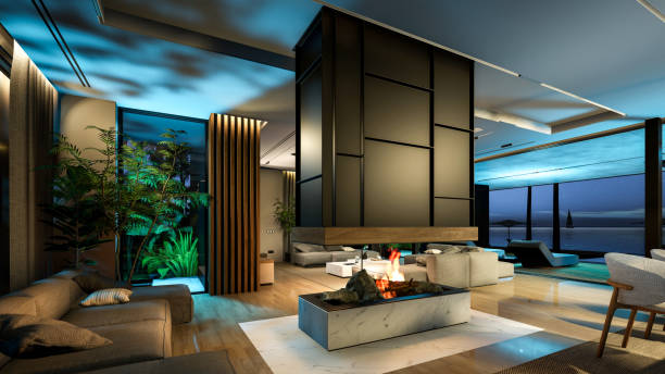 istock 3d rendering of modern cozy interior with living, dining zone, stair and kitchen in night 1434704001