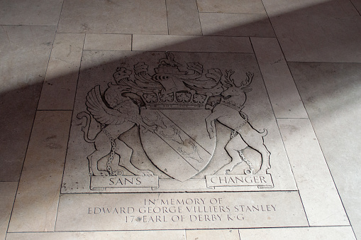 A memorial flagstone for the Earl of Derby in Manchester Cathedral