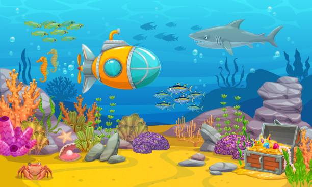 ilustrações, clipart, desenhos animados e ícones de paisagem do jogo subaquático com submarino, peito - vector reef coral shark