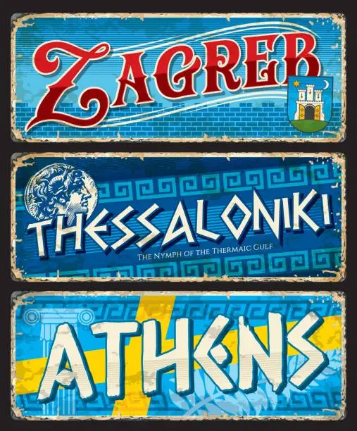 Vector illustration of Zagreb, Athens, Thessaloniki city travel stickers