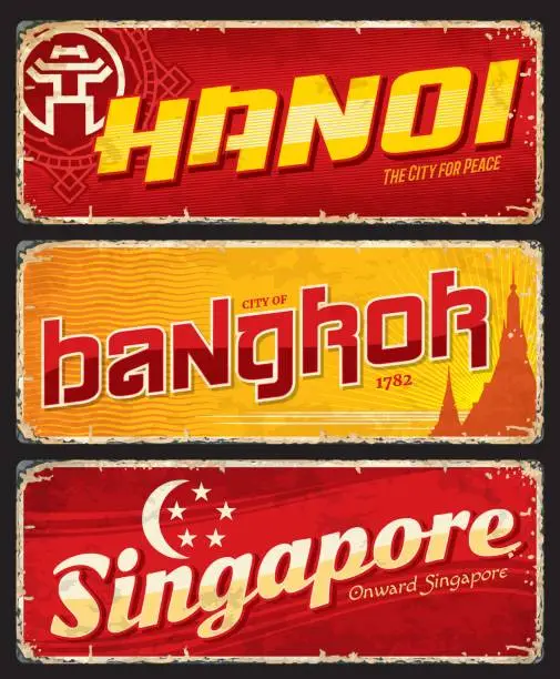 Vector illustration of Hanoi, Bangkok, Singapore city travel plates