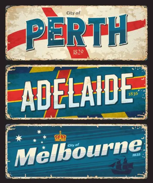 Vector illustration of Perth, Adelaide, Melbourne, Australia travel plate
