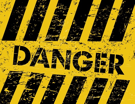 Grunge yellow and black stripes warning background. Safety caution or hazard danger vector border line, attention sign of road construction, street traffic or crime scene police barricade tape pattern
