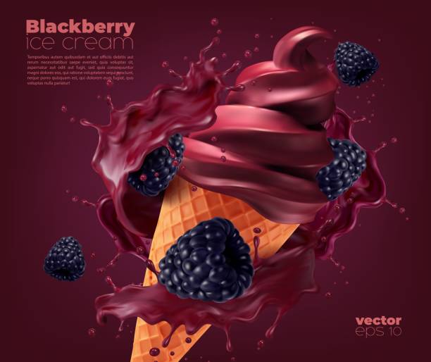 Blackberry soft ice cream, wafer cone with splash Blackberry soft ice cream cone with splash, vector realistic ad with berry flavor splashing. Blackberry ice cream or sorbet in wafer cone with berries flow wave and drops splatter, iecream advertising whip cream dollop stock illustrations