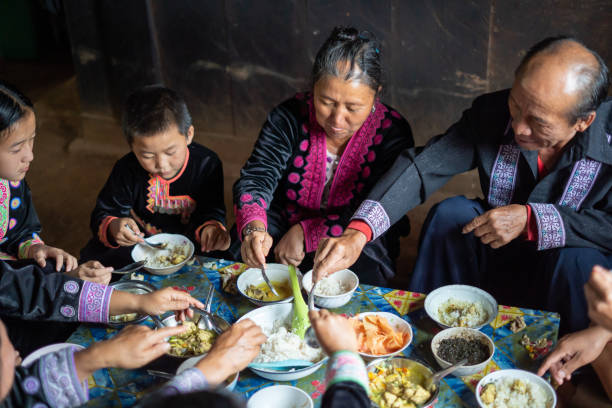 Hmong Family Eating Organic Food Chiang Mai, Thailand Hmong Family Eating Organic Food Chiang Mai, Thailand thai traditional costume stock pictures, royalty-free photos & images