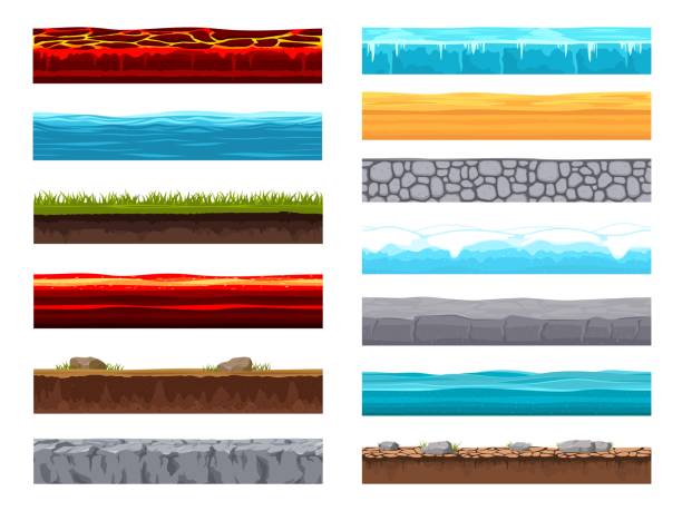 слой почвы, мультяшный игровой уровень ландшафта - stone asphalt road dirty stock illustrations